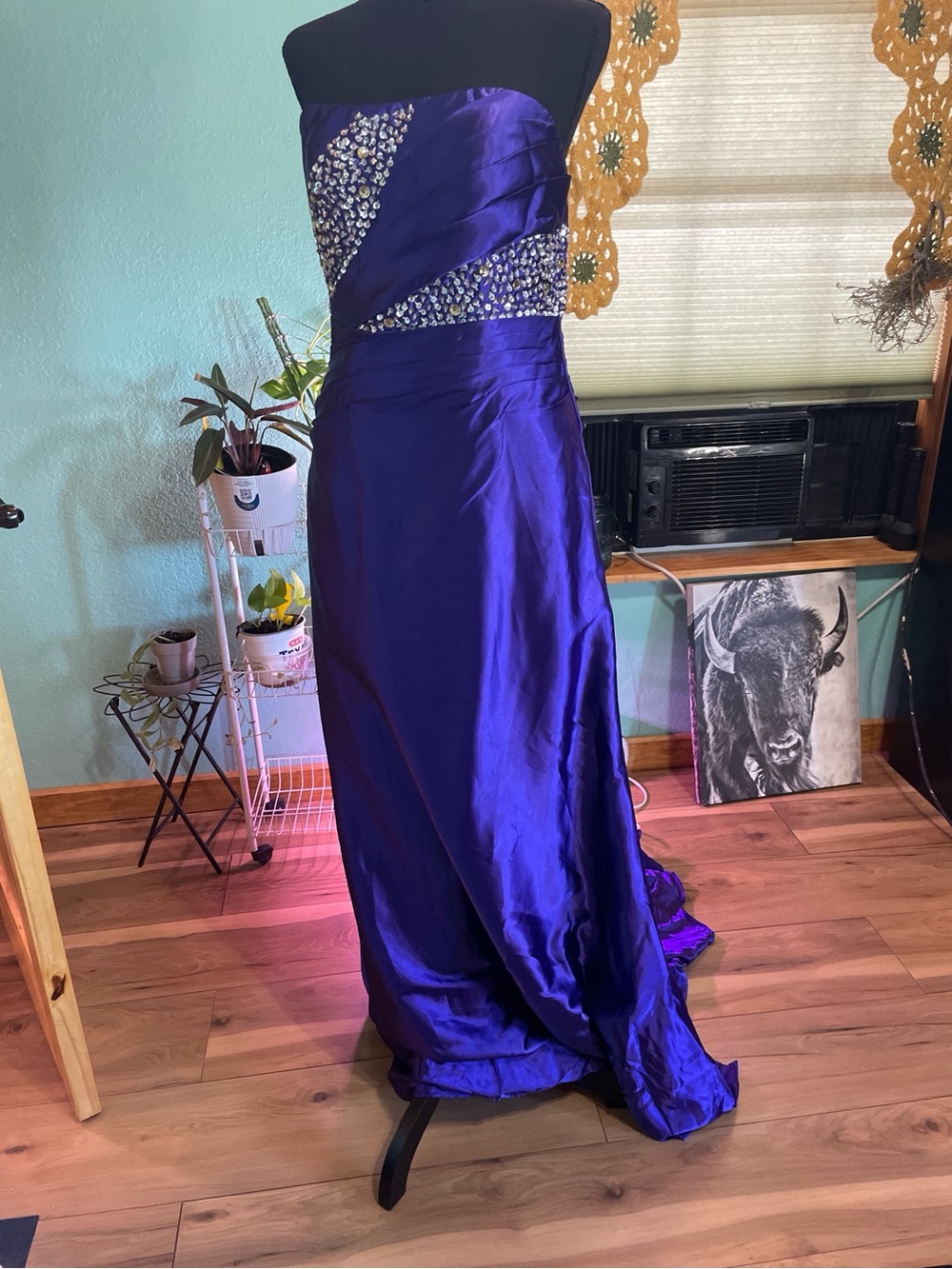 Strapless Jewel-Embellished Satin Evening Gown in Royal Purple